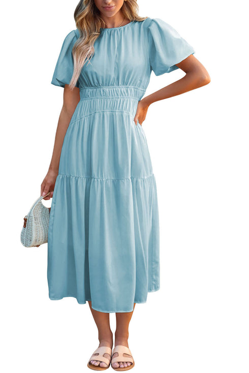 Puff Sleeve Pleated High Waist Flowy Long Dress